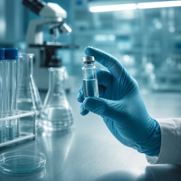 Lyophilized research peptide vials in laboratory setting